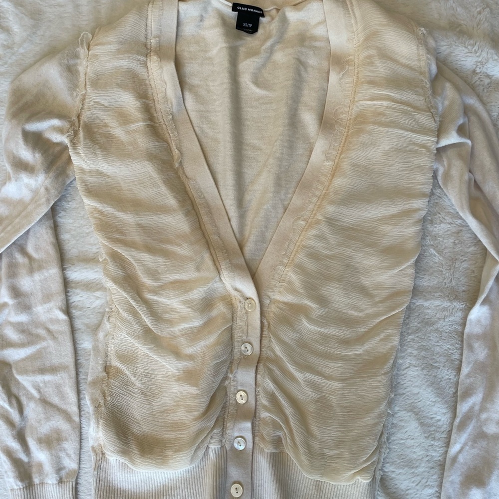 Club Monaco cream cardigan. Silk gauze detail on front.